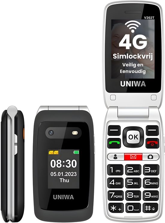 4G klaptelefoon – grote toetsen – SOS-knop – zwart
