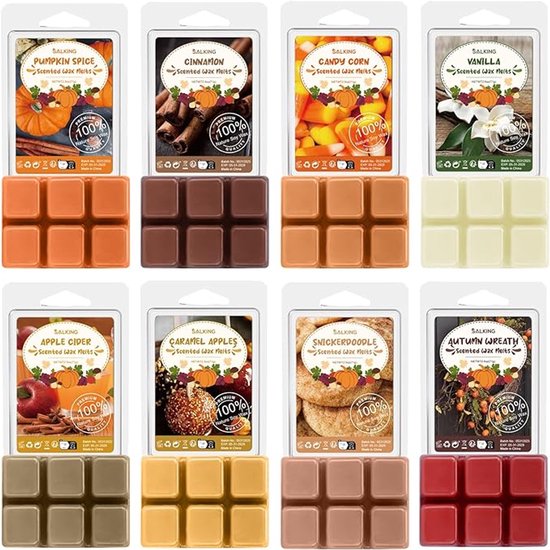 Geurwasjes voor de herfst, geurlamp, 100% sojawas, kamergeur, geurkaars, waxmelts voor kaarswarmer, pompoenkruiden en kaneelgeuren, cadeauset voor Halloween, Kerstmis, 8 geuren