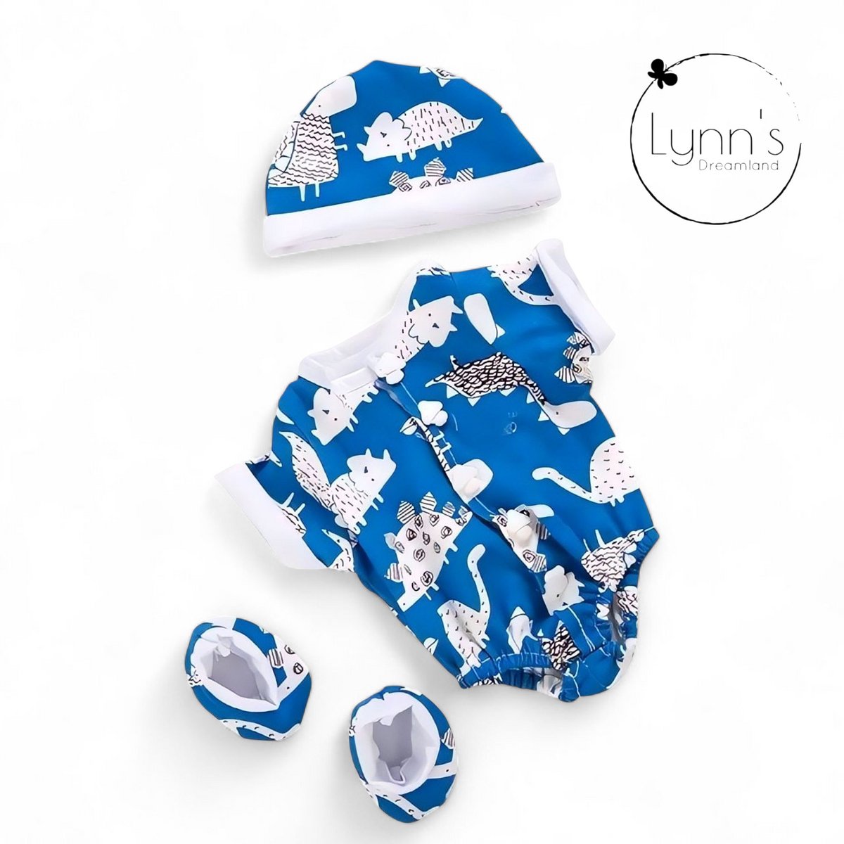 Poppenkleertjes voor babypop 43 cm - Romper met slofjes en muts - Dinosaurus - In cadeauzakje - Poppenkleding set geschikt voor o.a. Baby Born pop — afbeelding 6