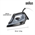 Zwart Braun TexStyle 3 stoomstrijkijzer met 270 ml waterreservoir en afmetingen van 30 cm, 1,2 kg.
