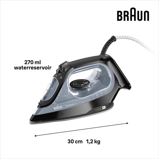 Zwart Braun TexStyle 3 stoomstrijkijzer met 270 ml waterreservoir en afmetingen van 30 cm, 1,2 kg.