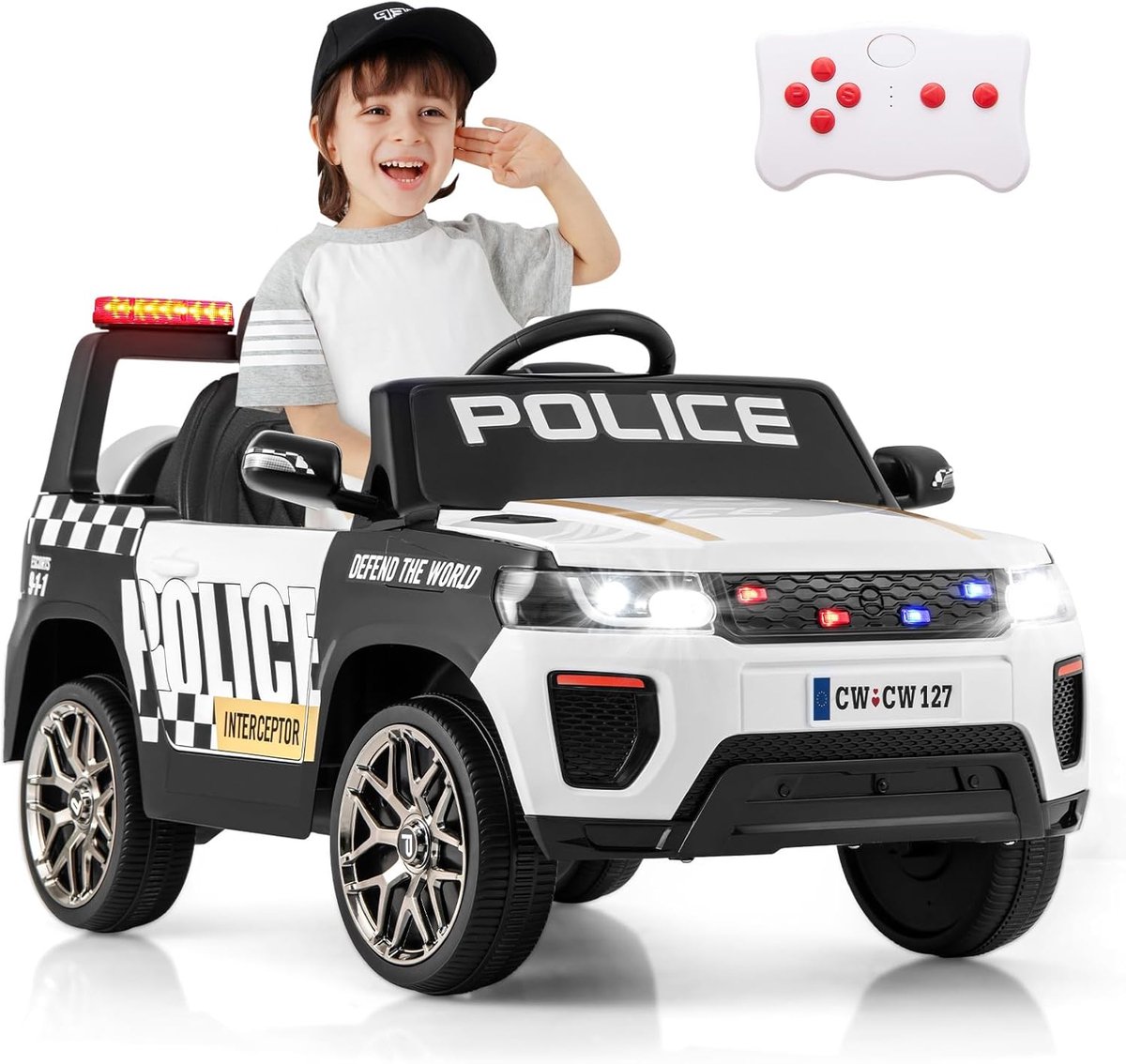 COSTWAY Elektrische kinderauto voor kinderen, 12 V, met afstandsbediening, draadloze verbinding, muziek, claxon, sirene, waarschuwingslicht, elektrische auto voor kinderen vanaf 3 jaar