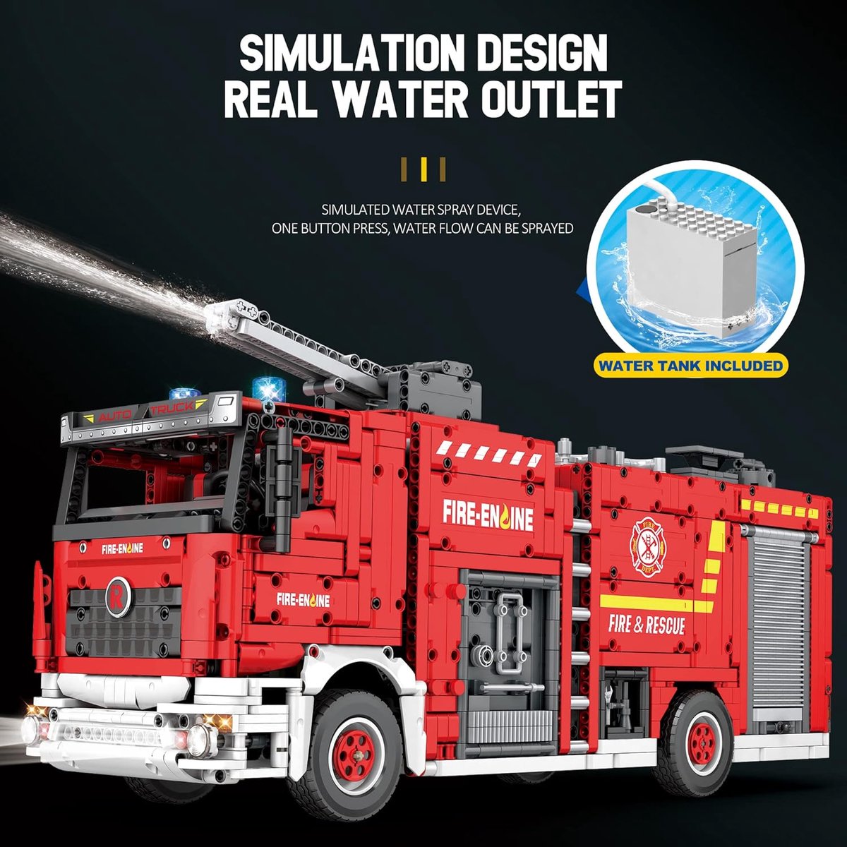 Reobrix 22008 Brandweer wagen met waterkanon bouwset | RC auto constructie modelbouw | Educatief speelgoed bouwpakketten voor kinderen & volwassenen | Met radiografisch bestuurbare remote | Accu niet geschikt voor Lego technic | 2888 bouwstenen – foto 4