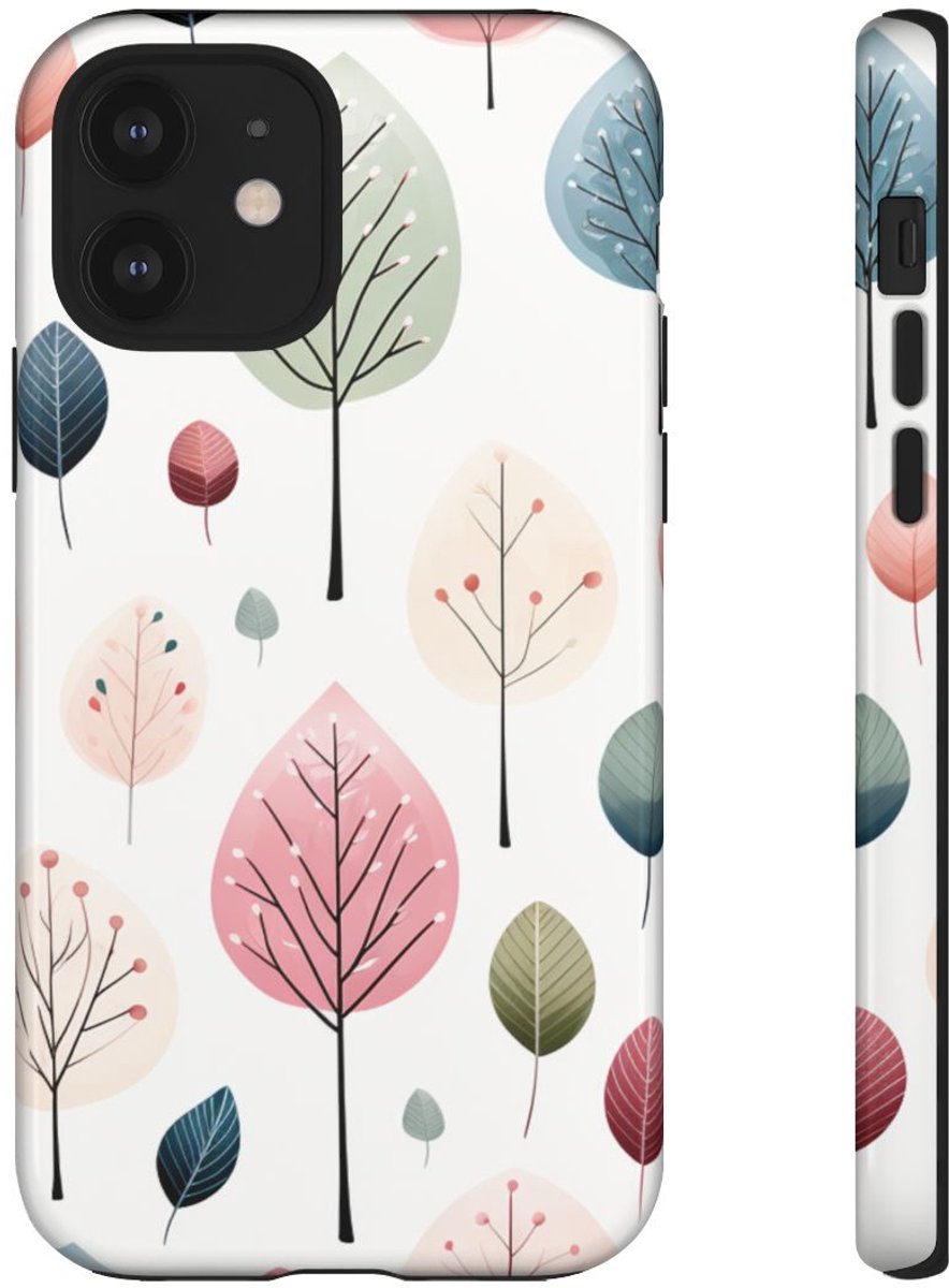Pastelbladerenpatroon – Glanzend Stevig Hoesje Geschikt voor iPhone 12