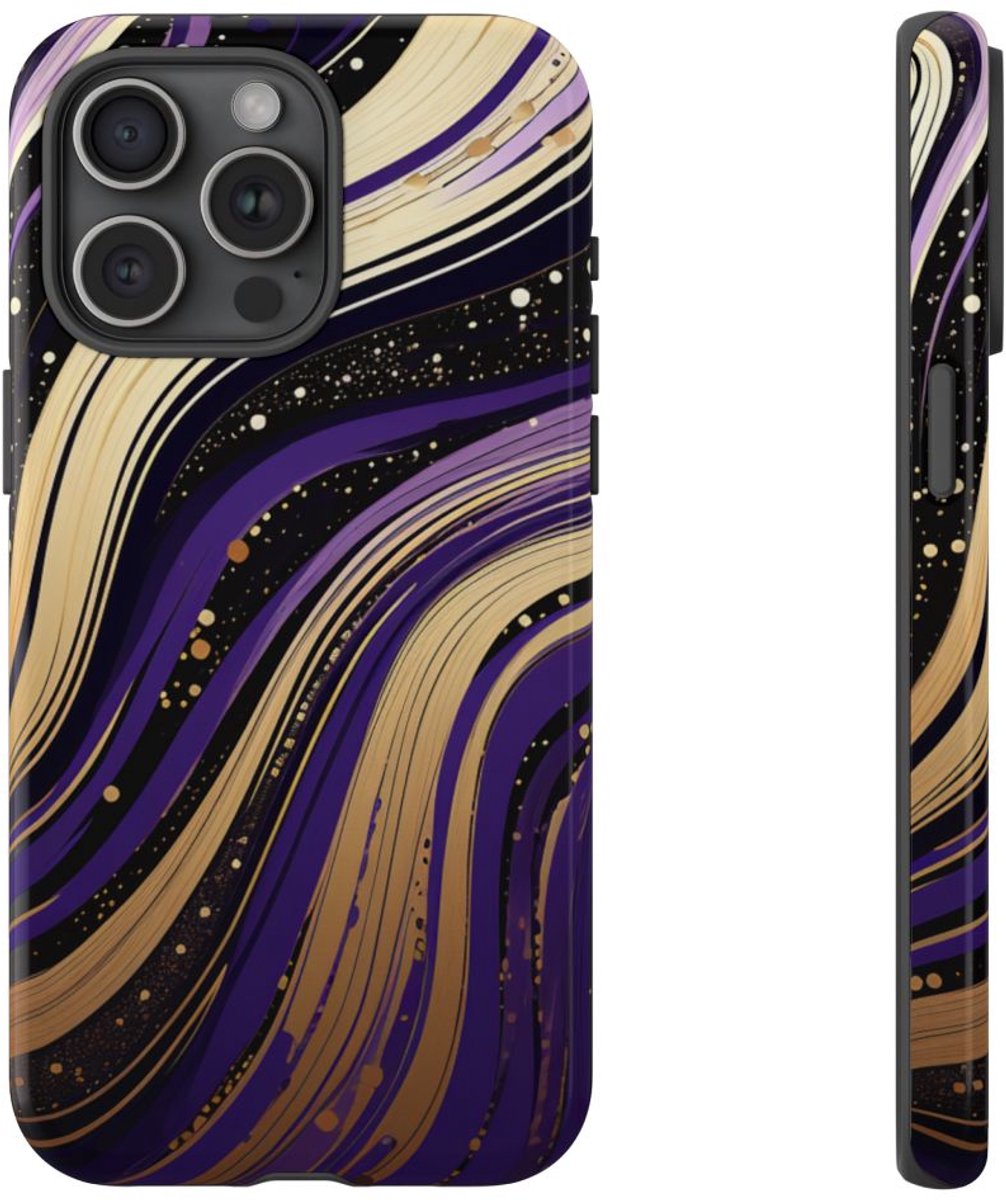 Paarse en Gouden Abstracte Krullen – Telefoonhoesje Geschikt voor iPhone 15 Pro Max