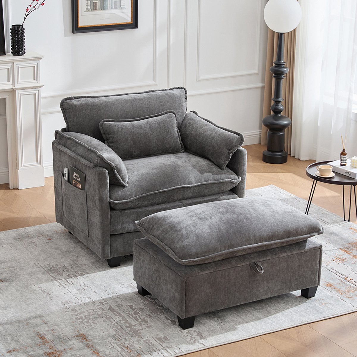 BLACKCOLORS Moderne oversized fauteuil met voetensteun en poef, fluwelen loungestoel met zijvakken en kussens, comfortabele leesfauteuil voor de woonkamer, slaapkamer en appartement