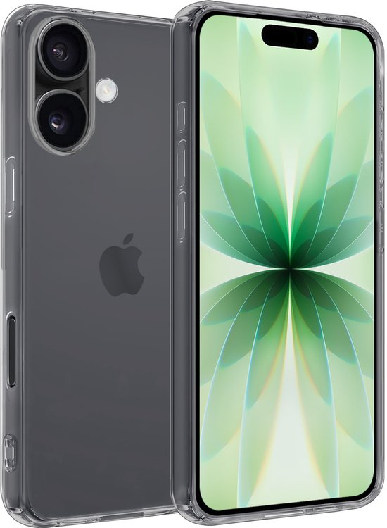 Coque transparente autour d'un iPhone 17 avec double caméra et logo Apple, à côté d'un iPhone avec écran vert.
