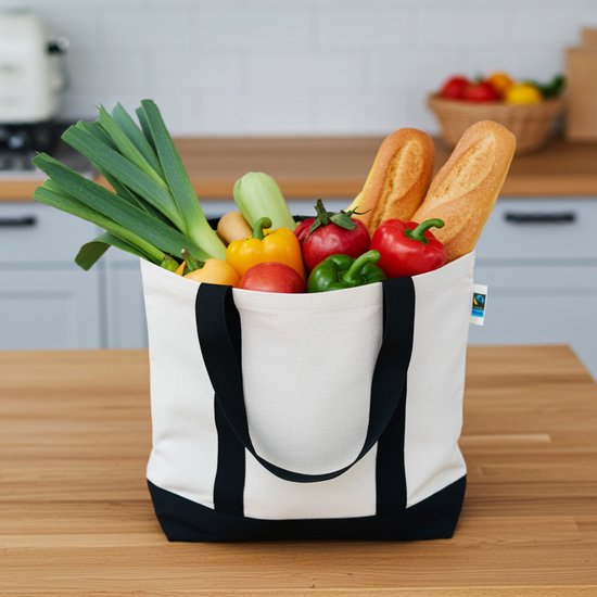 (5 pièces) Fairtrade Shopper robuste fond et poignées en coton OEKO-TEX® coloré, écru/noir