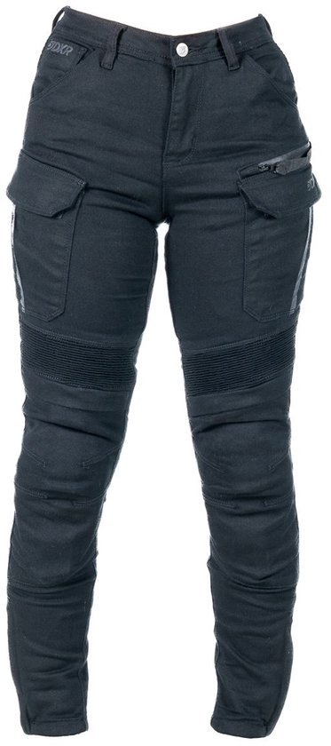 Zwarte DXR dames motorbroek met cargozakken en textuur op de knie.