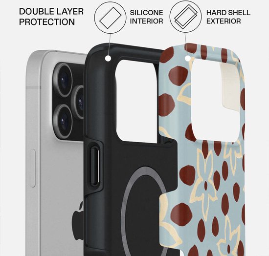 Lichtblauwe telefoonhoes met bruine stippen en beige bloemen, met weergave van dubbele laag bescherming.