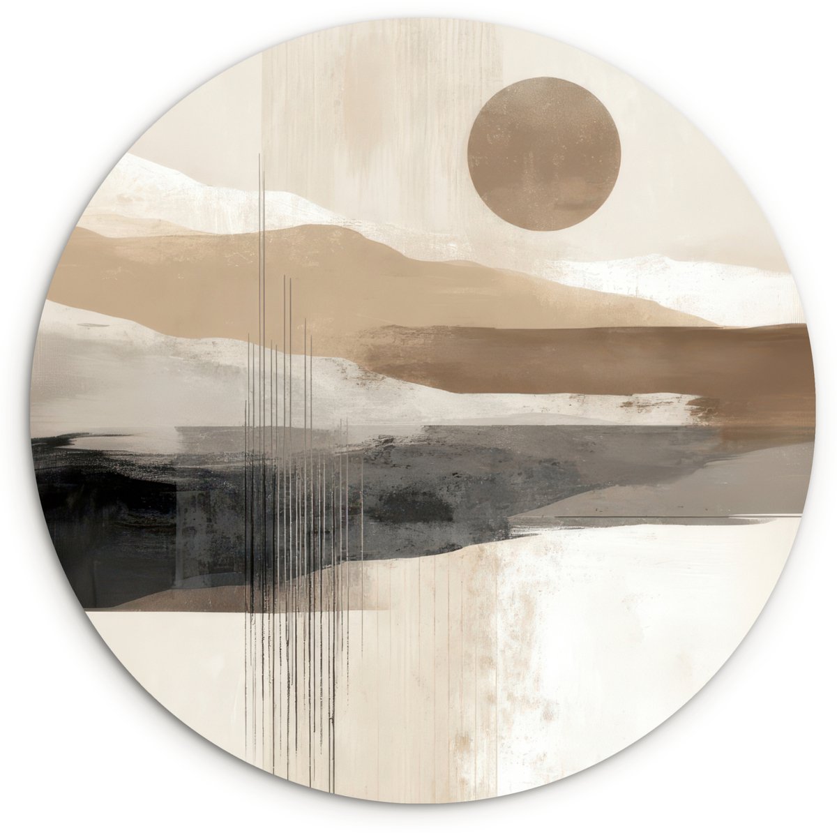 WallCircle Wandcirkel 120x120 cm - Muurcirkel Minimalistisch - Landschap - Dimensie - Muurdecoratie woonkamer - Wanddecoratie slaapkamer - Kamer decoratie accessoires - Ronde schilderijen Landschap - Zon - Abstract