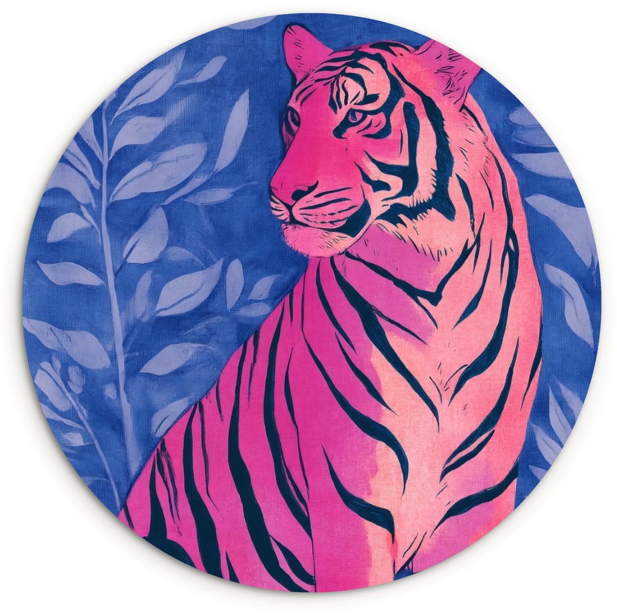 WallCircle Wandcirkel 150x150 cm - Muurcirkel Tijger - Roze - Bladeren - Jungle - Muurdecoratie woonkamer - Wanddecoratie slaapkamer - Kamer decoratie accessoires - Ronde schilderijen Tijger - Bladeren