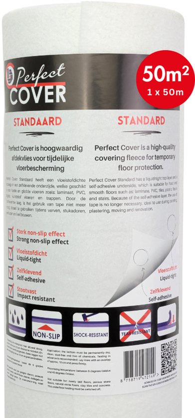 Perfect Cover® Standaard Zelfklevend Afdekvlies - 50m² - Voor Alle Oppervlakken - Professionele Kwaliteit Stucloper & Afdekfolie - Bescherming Tijdens Bouw & Renovatie - 170GSM - Vertrouwd door Professionals - Beter Dan Prima!