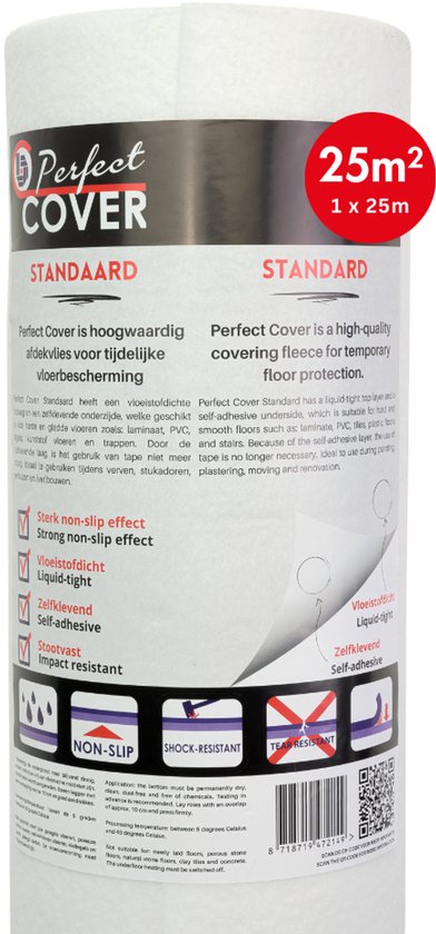 Perfect Cover® Standaard Zelfklevend Afdekvlies - 25m² - Voor Alle Oppervlakken - Professionele Kwaliteit Stucloper & Afdekfolie - Bescherming Tijdens Bouw & Renovatie - 170GSM - Vertrouwd door Professionals - Beter Dan Prima!