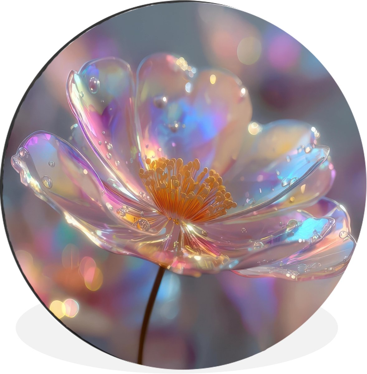 WallCircle Wandcirkel - Muurcirkel - Bloem - Transparant - Pastelkleuren - Druppels - Aluminium - Dibond - 90x90 cm - Binnen en Buiten Bloem - Transparant - Druppels
