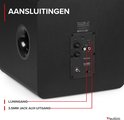 Aansluitingen op de achterkant van de Audizio subwoofer, inclusief lijn ingang en aux uitgang.