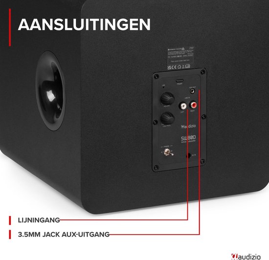 Aansluitingen op de achterkant van de Audizio subwoofer, inclusief lijn ingang en aux uitgang.