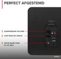 Achterpaneel van de subwoofer met instellingen: volume, low pass en fase.