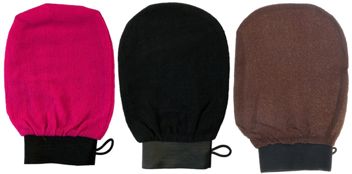 Vitdipy - 3 stuks - Scrubhandschoenen - Exfoliërende handschoenen - Dubbelzijdige diep exfoliërende badhandschoenen - Herbruikbaar - Geschikt voor douche/spa/massage (zwart + wit + roze)