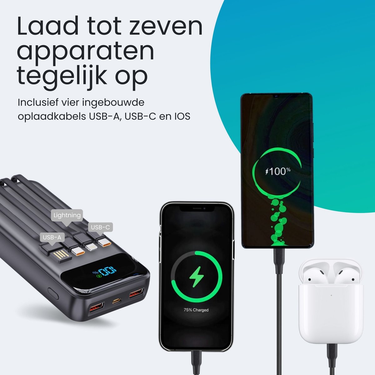 Siltcon® Powerbank 30000 mAh– Powerbanks - 22.5W Snellader – USB-C / A - LED Indicatie - Noodpakket – Universeel voor Telefoons, Tablets & Meer– 3 Poorten - 4 Geïntegreerde kabels – Zwart — afbeelding 6