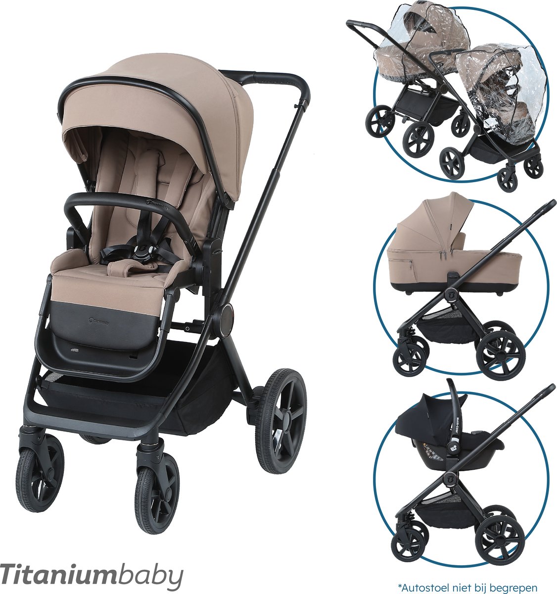 Titaniumbaby Kinderwagen SOLID Urban Taupe incl regenhoes en autostoeladapters - verstelbare duwstang - inklapbaar-reiswieg verstelbaar in 3 hoogtes -verstelbare rugleuning en voetsteun