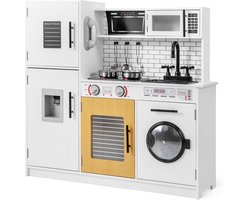 COSTWAY Kinderkeuken met licht en geluid, speelkeuken hout met oven magnetron telefoon waterdispenser, speelgoedkeuken incl. keukenaccessoires voor jongens en meisjes vanaf 3 jaar