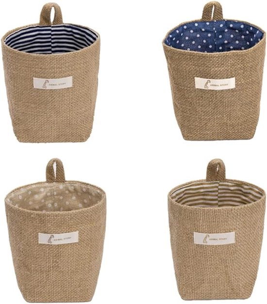 Organisateur mural - Panier de rangement en lin - Mini panier suspendu - Organisateur suspendu - Organisateur mural pliable - Organisateur pour la maison - Pack de 4 - Convient aux organisateurs de porte ou de mur - 13,5 × 10 cm