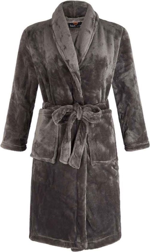 Grijze kinderbadjas - fleece - sjaalkraag - Badrock - maat XL ( 152-158)