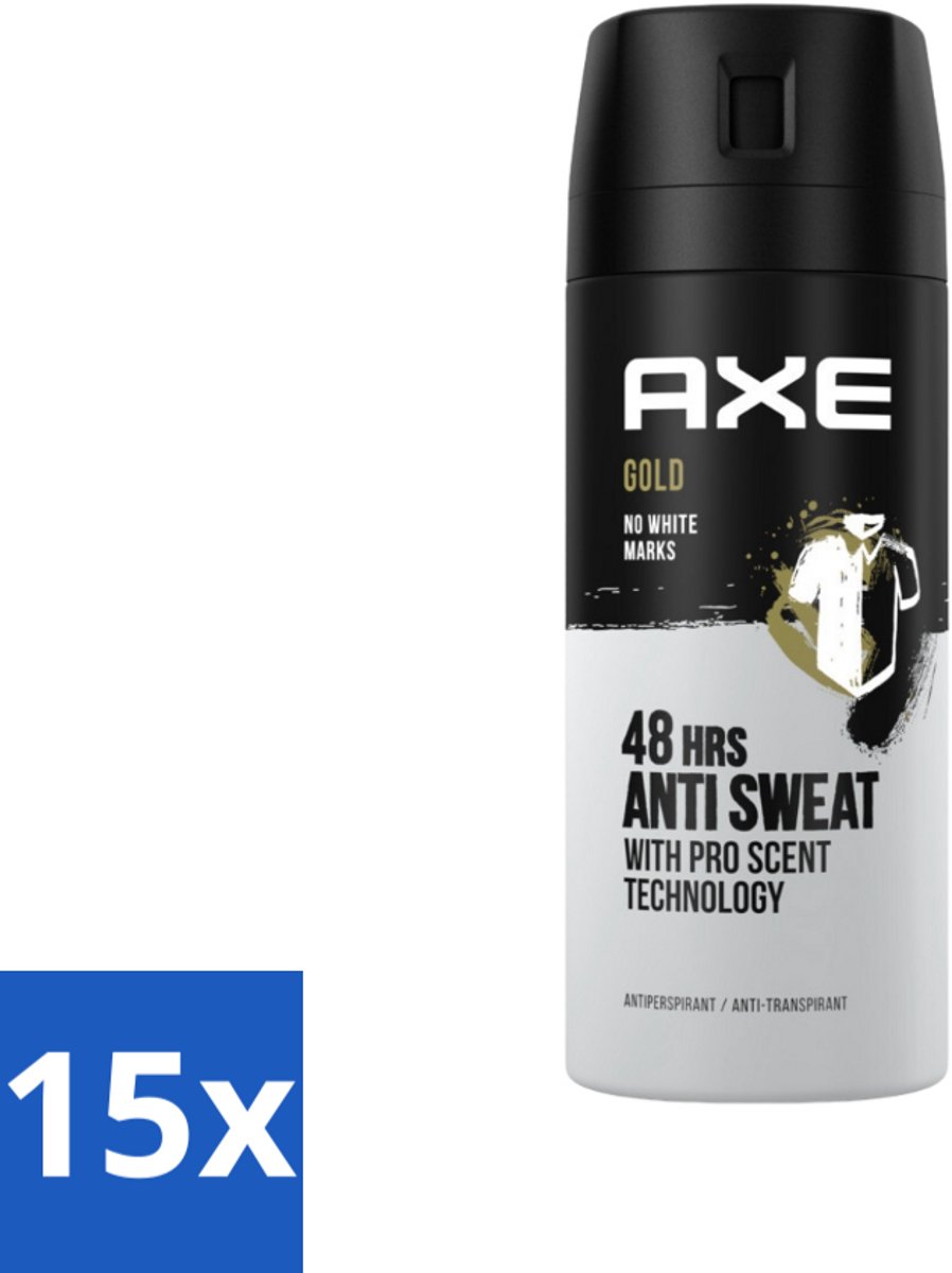 15 x Axe - Deodorant Spray - 72hrs Anti Sweat - Anti White Marks - Gold - 150 ml - Anti Transpirant Spray - 72 Uur Bescherming - Zweetvoorkomend - Witte Strepen Voorkomen - Oud Wood Geur