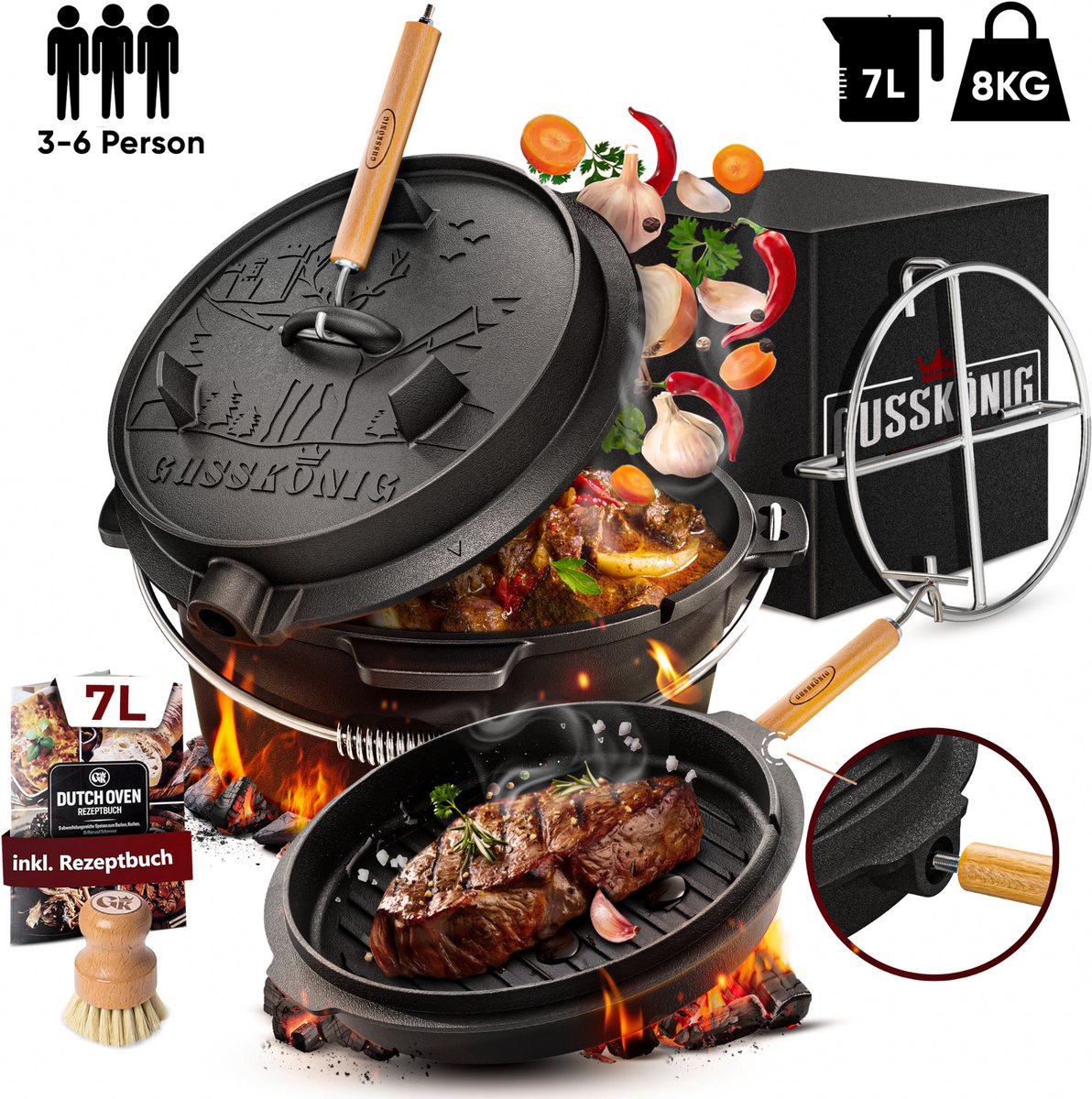 GUSSKÖNIG Ingebrande Dutch Oven Set met voetjes, incl. dekselheffer, borstel & receptenboek - dutch oven gietijzer