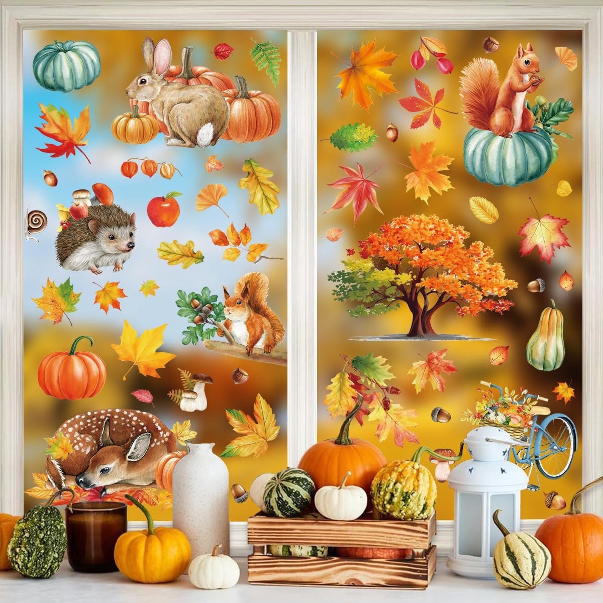 Herfst raamstickers, herfst raamstickers, Thanksgiving decoraties, zelfklevende stickers, 9 vellen dubbelzijdige pompoenbladeren raamstickers voor Thanksgiving, herfst, decoratie, raamstickers, thuisfeest winkeldisplaydecoratie - Cyslmuk®