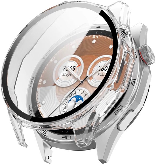 Transparante beschermhoes op een zilverkleurige smartwatch met bruine wijzerplaat.