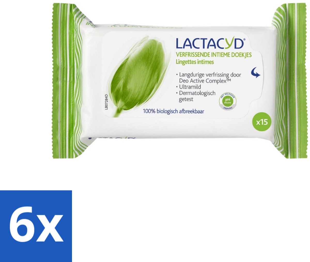 6 x Lactacyd Tissues Verfrissend 15 stuks per verpakking - Intieme Doekjes - Verfrissende Doekjes - Biologisch Afbreekbare Doekjes - Intieme Hygiene - Lactacyd