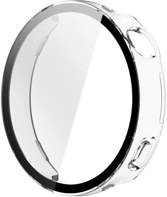 Transparant hoesje, sluit op een smartwatch met een zilveren kast en analoge wijzerplaat.