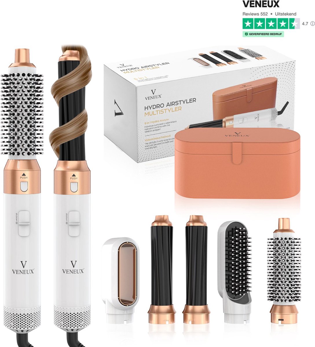 VENEUX® 5 in 1 Föhnborstel - Airstyler - Krulborstel - Multistyler - Diffuser Föhn - Wit
