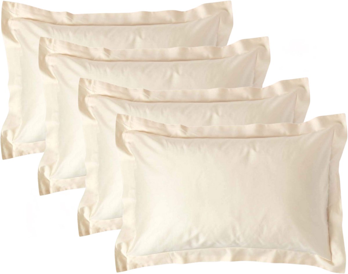 Homescapes Biologisch Kussensloop 50x75 cm met Sierrand – Set van 4 – Crème – 100% Egyptisch Katoen Satijn – Draaddichtheid 400