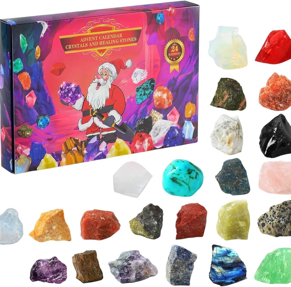 Adventskalender met kristallen, 24-daagse Kerst Countdown Kalender voor volwassenen. Rode Rock Mineral Gemstone serie, 26x18x5cm.