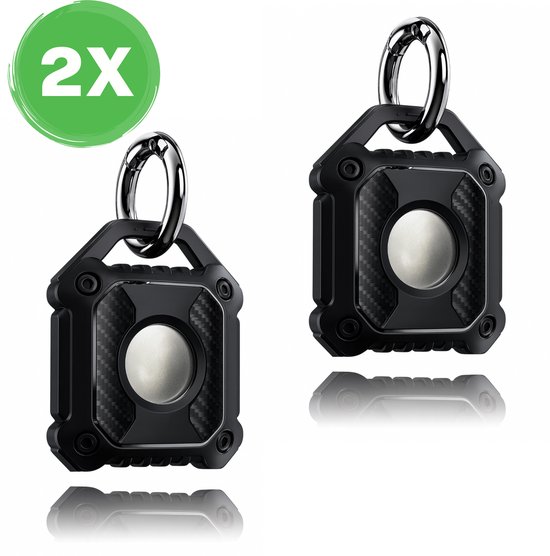Twee zwarte, robuuste tracker-houders met carbonfiber-look en zilverkleurige ring.