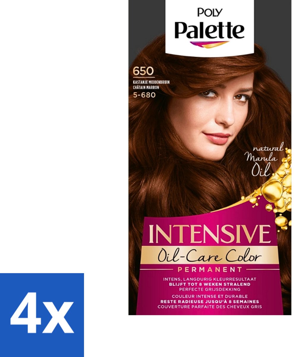 4 x Palette Intensive Oil-Care Color Haarkleuring 650 Kastanje Middenbruin - Haarverf - Kastanjebruin - Haarkleur - Glans - Arganolie