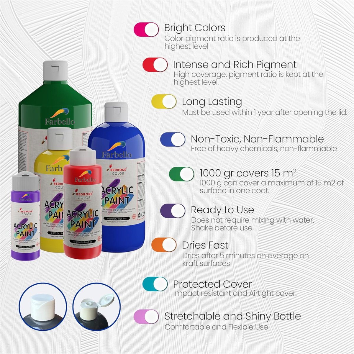 Farbello Acrylverf Set- 12 kleuren*100 ml., Sterk gepigmenteerde, Niet giftige verf op waterbasis, voor canvas, hout, steen, papier en metaal. — afbeelding 3
