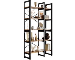 5 Layers Bookshelf Metal Wood Bookshelf Open Shelf Collectibles Display Bookshelf Seasoning Bottle Shelf Books Organizer Storage Shelf with 5 Levels for Study Room Bedroom Kitchen Brown-Black