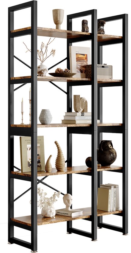 5 Layers Bookshelf Metal Wood Bookshelf Open Shelf Collectibles Display Bookshelf Seasoning Bottle Shelf Books Organizer Storage Shelf with 5 Levels for Study Room Bedroom Kitchen Brown-Black