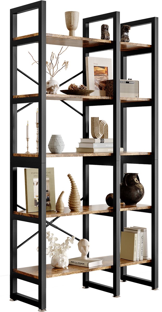 Boekenkast - Vijfdelige houten boekenkast - Open schap - Vitrine voor verzamelobjecten - Kruidenflesjesrek - Boekenrek - Vijfdelig ontwerp - Geschikt voor studeerkamer, slaapkamer en keuken - Bruin/zwart