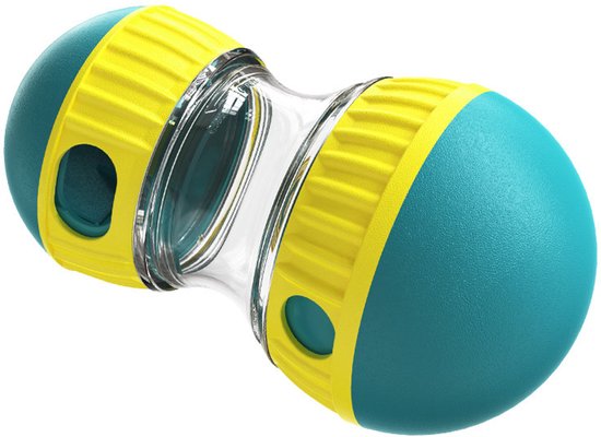 Een turkooisblauw speeltje met gele ringen, een transparante buis in het midden, op een witte achtergrond.