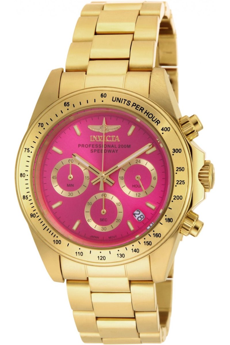 Invicta Speedway 18255 Dames Horloge - Waterdicht - Analoog - Quartz Uurwerk - Roestvrij Staal met roze Wijzerplaat - 39mm