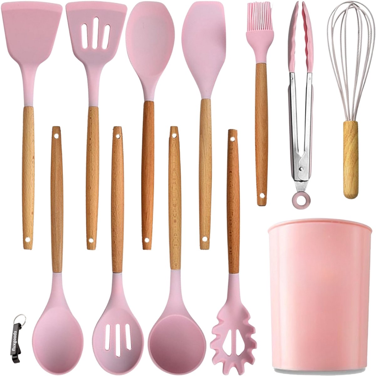 13-delige Non-Stick Siliconen Keukengerei Set met Houten Handvatten | Hittebestendig Kookgerei met Opbergkoker | Krasvrij, BPA-vrij, Anti-aanbak & Makkelijk Schoon te Maken met bieropener - Rose