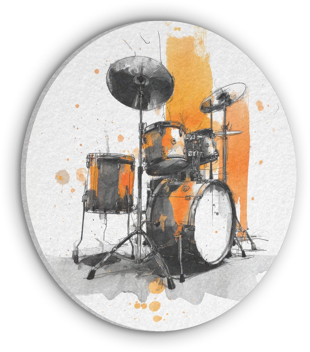 Akoestisch wandpaneel rond 50x50 cm - Vilt schilderij Drumstel - Oranje - Zwart - Aquarelverf - Ronde akoestische panelen - Geluidsdempende wanddecoratie - Geluidsisolatie wandcirkel - Muurdecoratie geluidspanelen