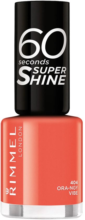 Oranje Rimmel London 60 Seconds Super Shine nagellak. Tekst op dop: 60 seconds SUPER SHINE.