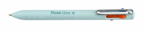 Stylo Pentel iZee 4 couleurs bleu clair avec motif hexagonal et clip chromé. Couleurs orange, bleu et rouge visibles.