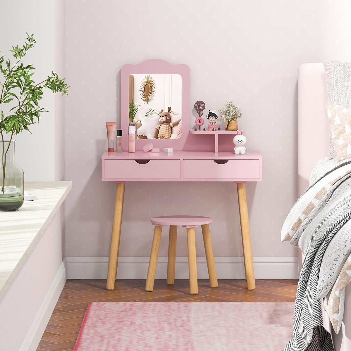 Costway Kaptafel & Bureau voor meisje 3-7 jaar - Roze met spiegel en 2 laden — afbeelding 6